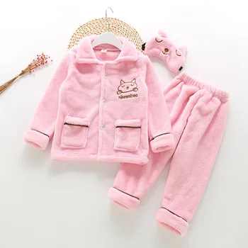 

Kids Winter Flannel Pajama Sets Children Cartoon Embroidery Kids Have Pockets Clothing Set Tops Pants Eye Mask 3Pcs Snowsuit