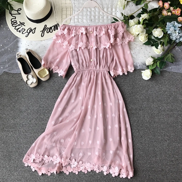 Кружевное Плиссированное летнее платье миди с открытыми плечами в Корейском стиле, винтажное элегантное платье размера плюс, туника белого и розового цвета, Пляжное Платье в стиле бохо, женское платье Vestidos - Цвет: Розовый