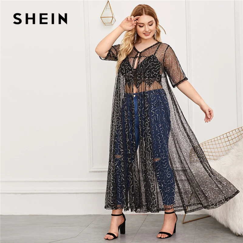 SHEIN Plus Size Black Contrast Sequins Sheer Draped Kimono Women Without Lingerie Summer Sexy V Neck Button Longline Kimonos
SHEIN Plus Size Black Contrast Sequins Sheer Draped Kimono Women Without Lingerie Summer Sexy V Neck Button Longline Kimonos