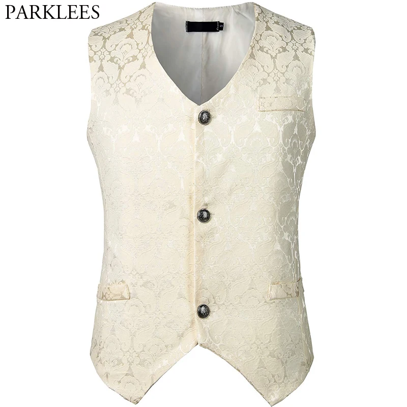 

Mens Floral Jacquard White Vest Waistcoat Medieval Victorian Punk Rock Style Steampunk Vest Men Wedding Groom Chaleco Hombre 3XL