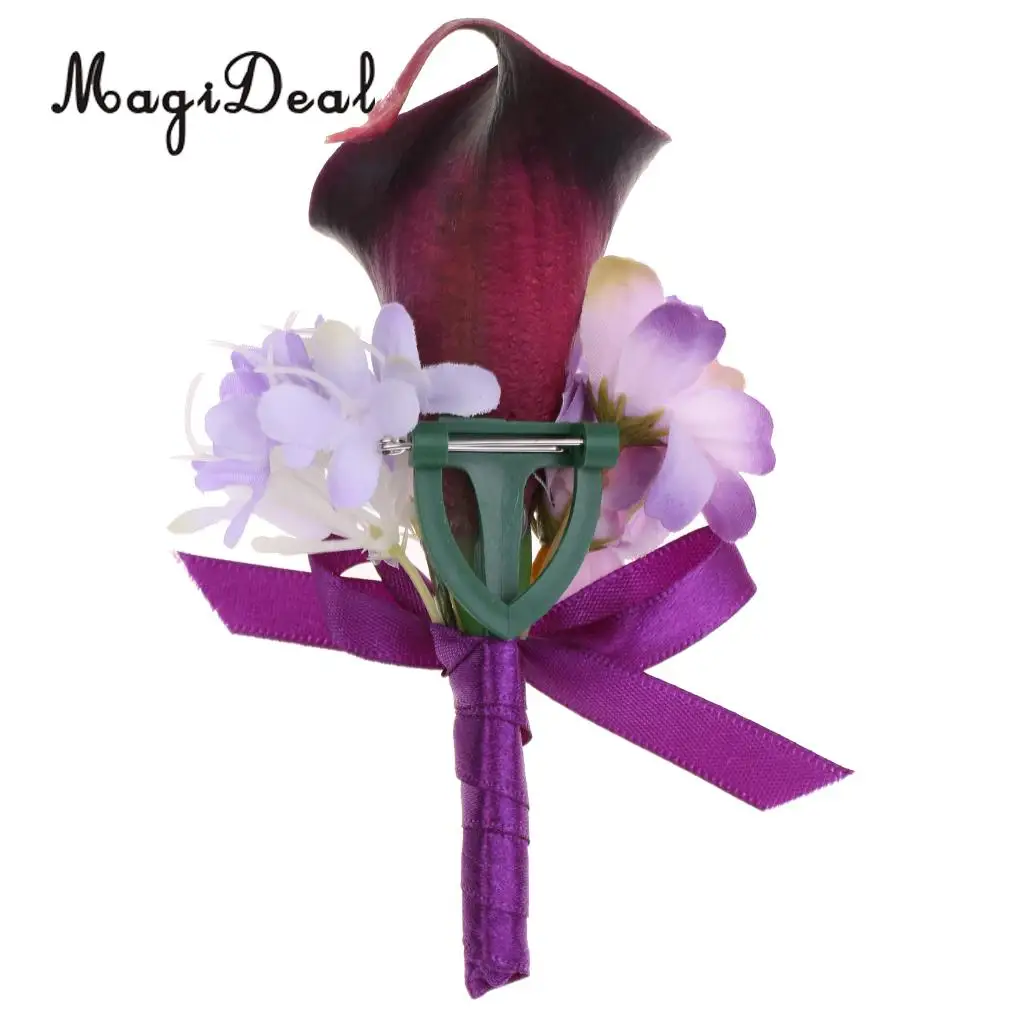 MagiDeal Handmade Fabric Calla Boutonniere Corsage Flower for Bride Groom Wedding Formal Party Accessory Pink/Purple 14 x 9 x4cm