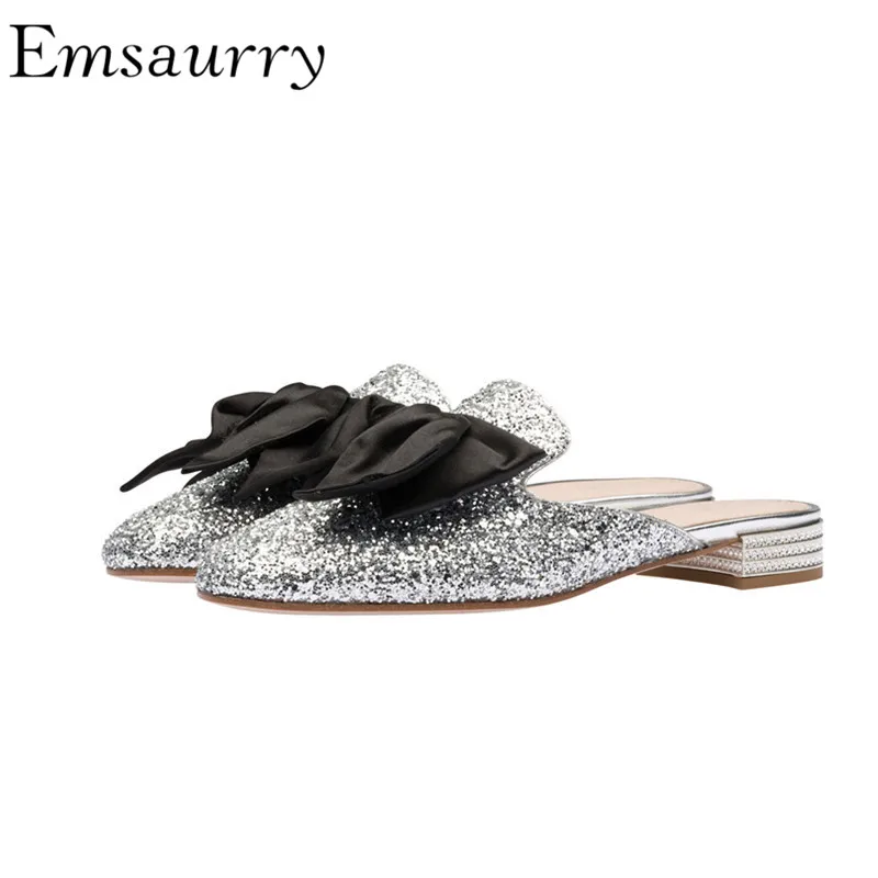 

Bling Bling Sequins Slippers Women The New Chic Cover Toe Luxury Satin Silk Butterfly-knot Glitter Shoes Woman