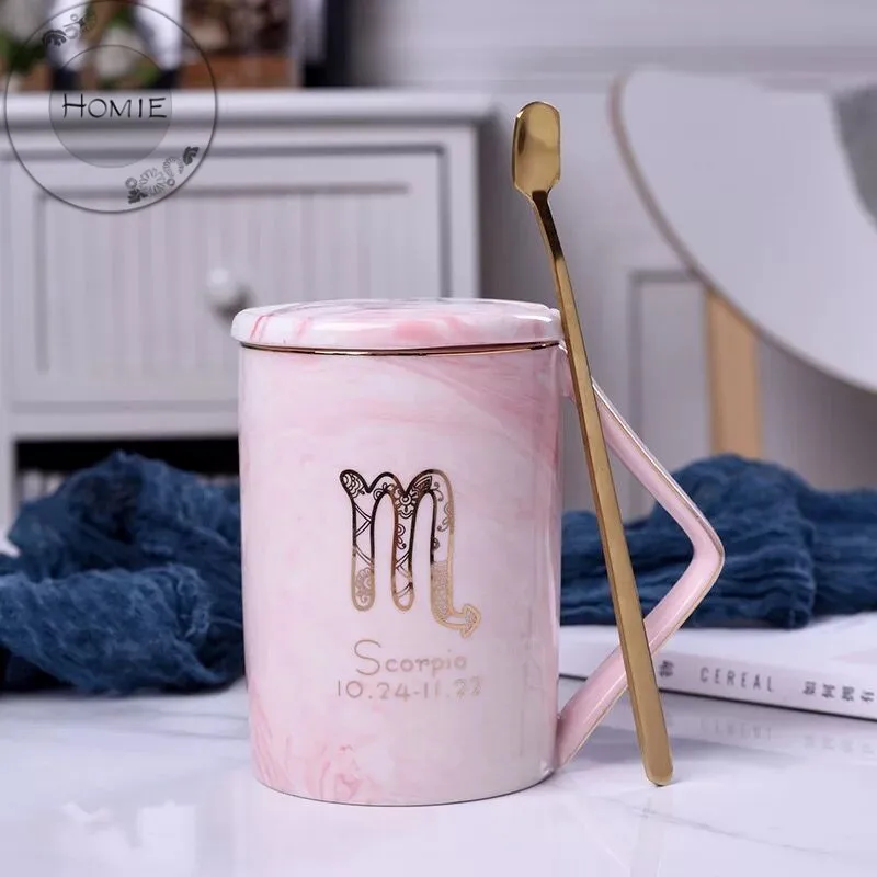 HOMIE Luxury 12 constellation marble cup With lid and spoon Ceramic Coffee Mug 450ml Animal Mugs creative Drinkware Tea milk Cup Newlywed couple gift15
