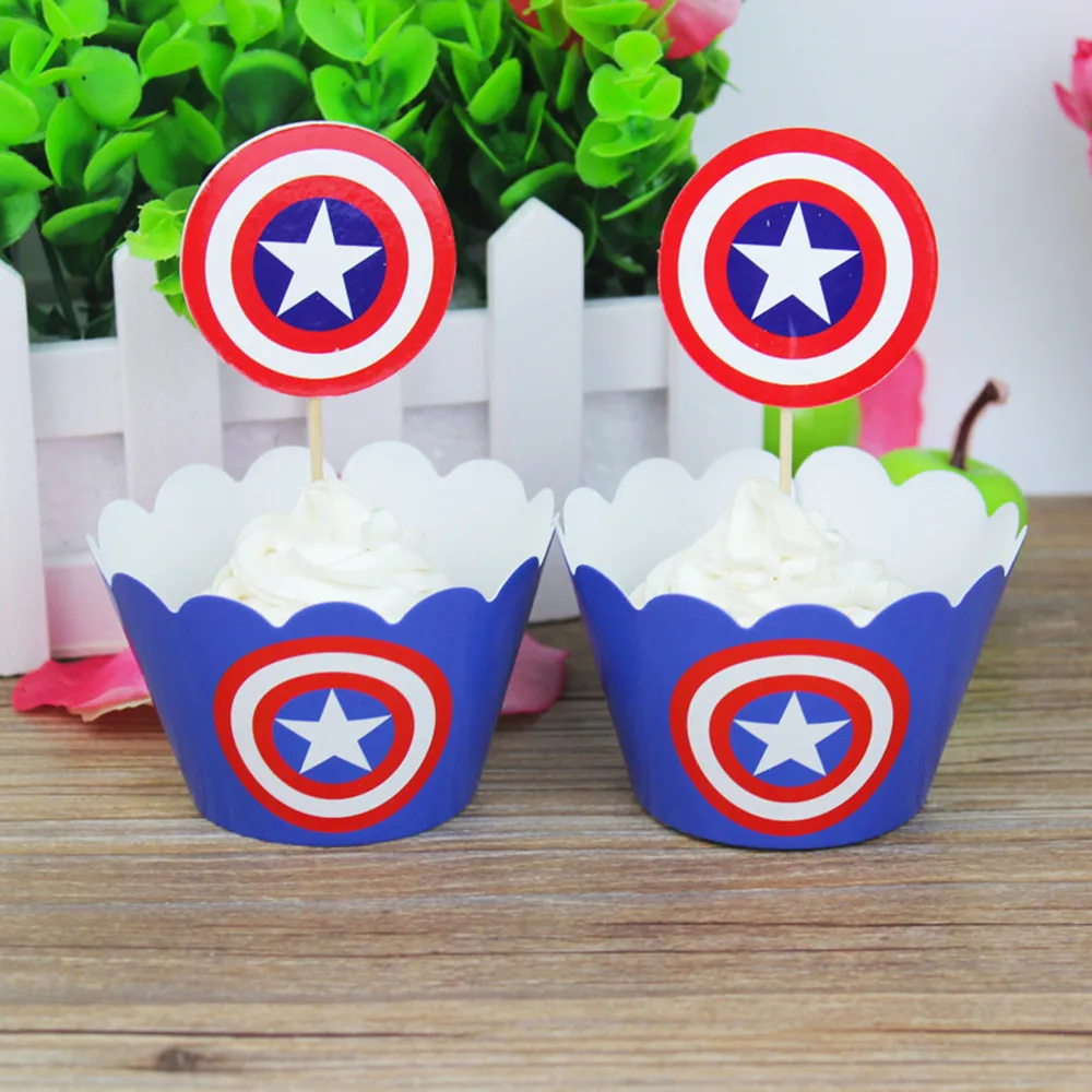 

24pcs Captain America Paper Cupcake Wrappers And Toppers For Baby Shower Cakecup Decorating Tools Event Party Supplies