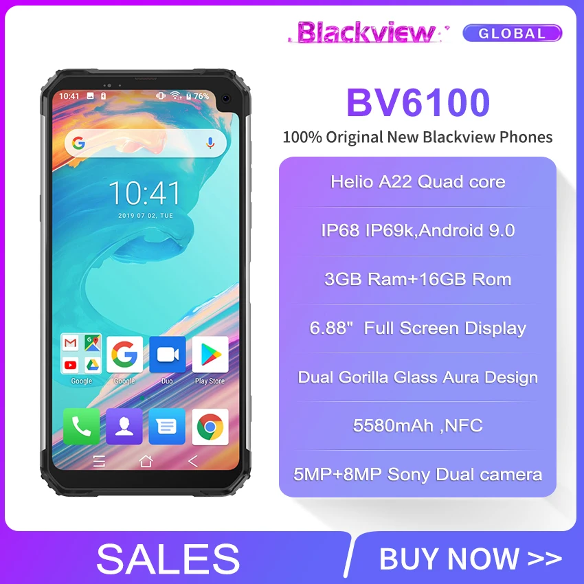 Blackview BV6100 6,8" большой экран IP68 водонепроницаемый смартфон MTK6761 четырехъядерный Android 9,0 3 Гб 16 Гб NFC мобильный телефон 5580 мАч