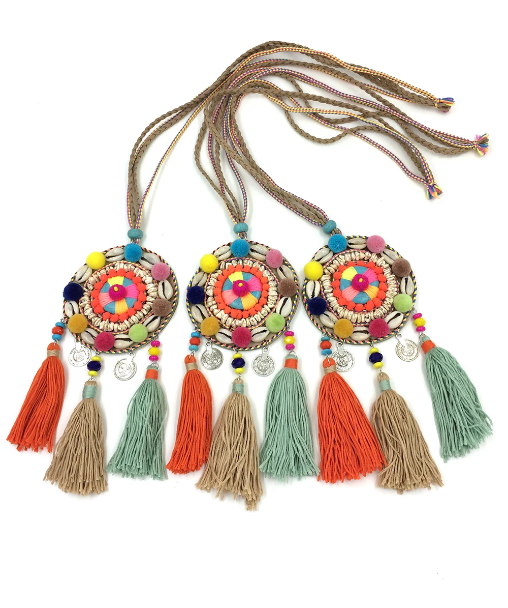 2017 new Boho handmade long Necklace dream catcher ball tassel necklace Wax String Rope Chain Pipe Multi Layer Pendant Necklaces