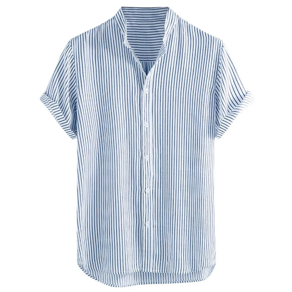 2019 men's stand collar striped summer short-sleeved running T-shirt loose buckle casual sports shirt short sleeve outdoor 40J11 (3)