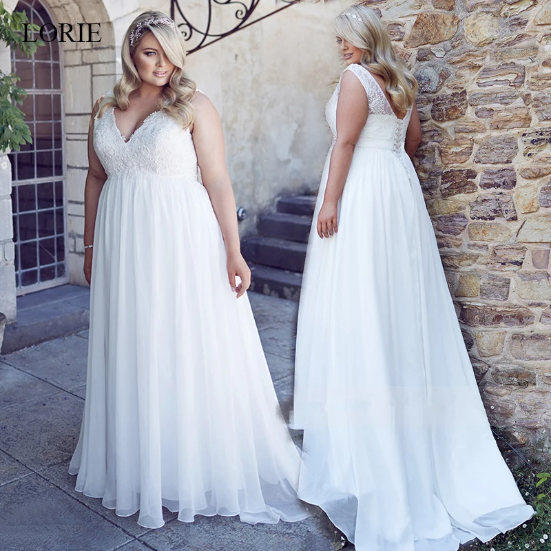 

LORIE Summer Wedding Dresses 2019 Chiffon With Beaded Lace Appliques Sleeveless Bridal Gowns Plus Size vestido de noiva