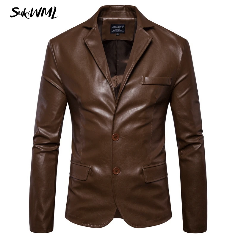 SUKIWML 2017 New Brand Mens Fashion Leather Blazers Men Slim Fit Solid Color Men Blazer Jacket Terno Masculino Plus Size M-5XL 