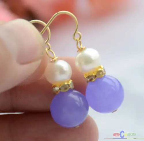 

Free shipping@@@@@ P4650 12mm lavender jade 8mm white round PEARL DANGLE EARRING 6.10