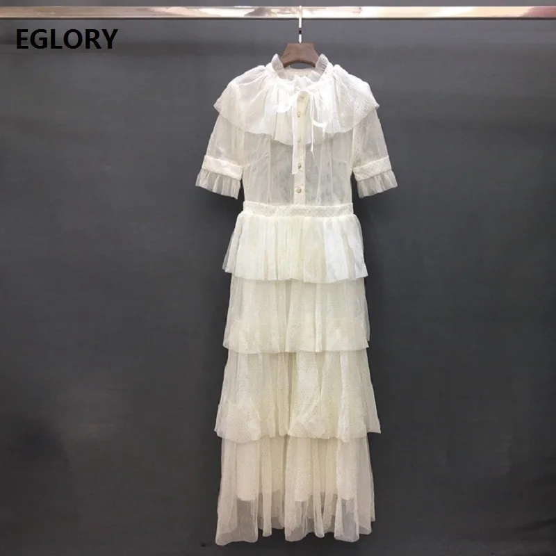 

Top Quality New 2019 Summer Long Evening Vestidos Women Golden Dot Mesh Short Sleeve Cascading Ruffle Long Party Events Dresses