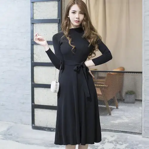 Новые женские платья для вечеринок осень зима приталенное повседневное черное платье Vestidos элегантное женское платье с длинным рукавом ТРАПЕЦИЕВИДНОЕ вязаное длинное платье - Цвет: 1