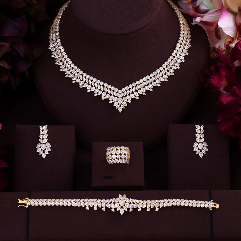 Роскошные женские Драгоценности элегантная форма Свадебный CZ ожерелье серьги, браслет, кольцо 4 шт большие Свадебные Ювелирные наборы для невесты