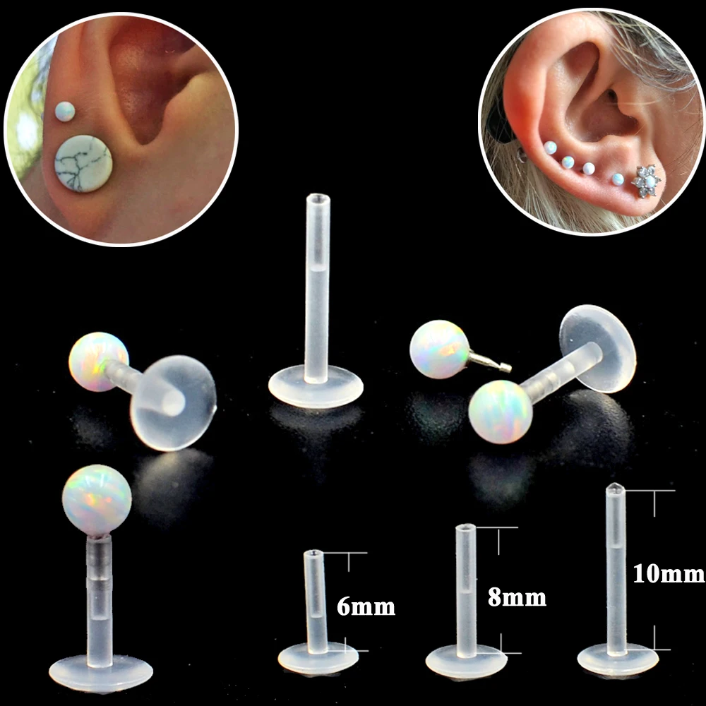 

1Pc 3mm Opal Stone Bioplast Flexible Push-in Labret Piercing Lip Stud Ear Tragus Cartilage Sexy Piercings Body Jewelry 16g