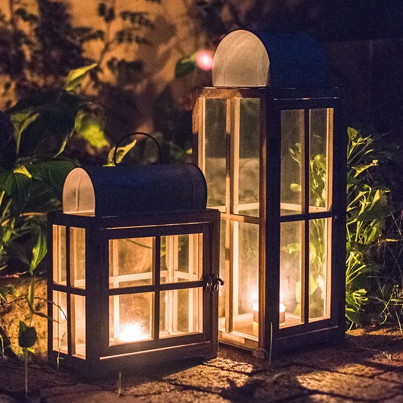Декоративное искусство деревянный фонарь стеклянный ветровой фонарь подсвечник садовый двор ретро-ностальгия железные художественные подсвечники