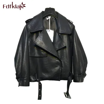 

Fdfklak Casual Female Jacket Short Leather Jacket for Women Spring Autumn Pu Coat Women Loose Leather Coats chaqueta mujer
