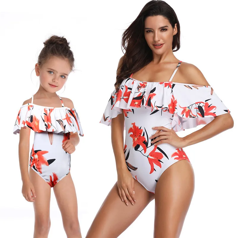 

Flower Printed Mother Daughter Swimwear Bikini Flounced Fashion Mommy and Me Matching Swimsuits for Girls and Women 2T To XL