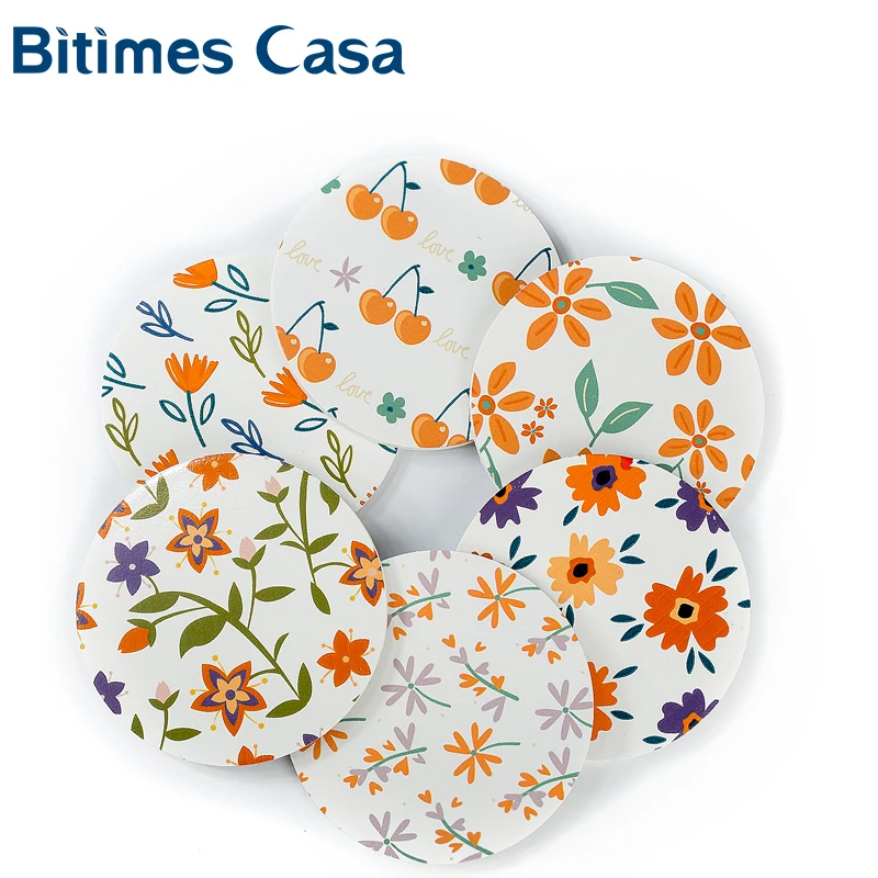 

Printing Spring Flower Table Coaster Coffee Cup Mugs Mat Coaster Round Shape 6pcs Set MDF Wood Material Home Decoration