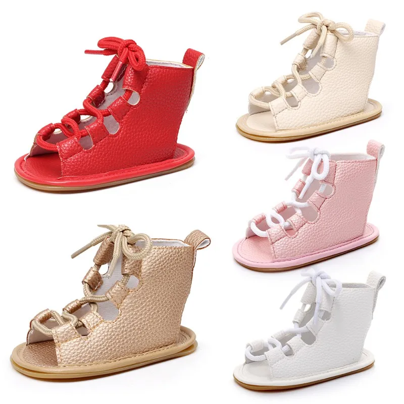 Модные Повседневная детская обувь милые в римском стиле с перекрестной шнуровкой высокие противоскользящие для маленьких девочек первые