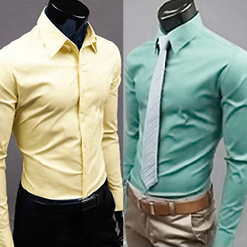 2017 الرجال الموضة الجديدة عارضة صلبة لون الحلوى طويلة الأكمام سليم صالح اللباس قميص أعلى