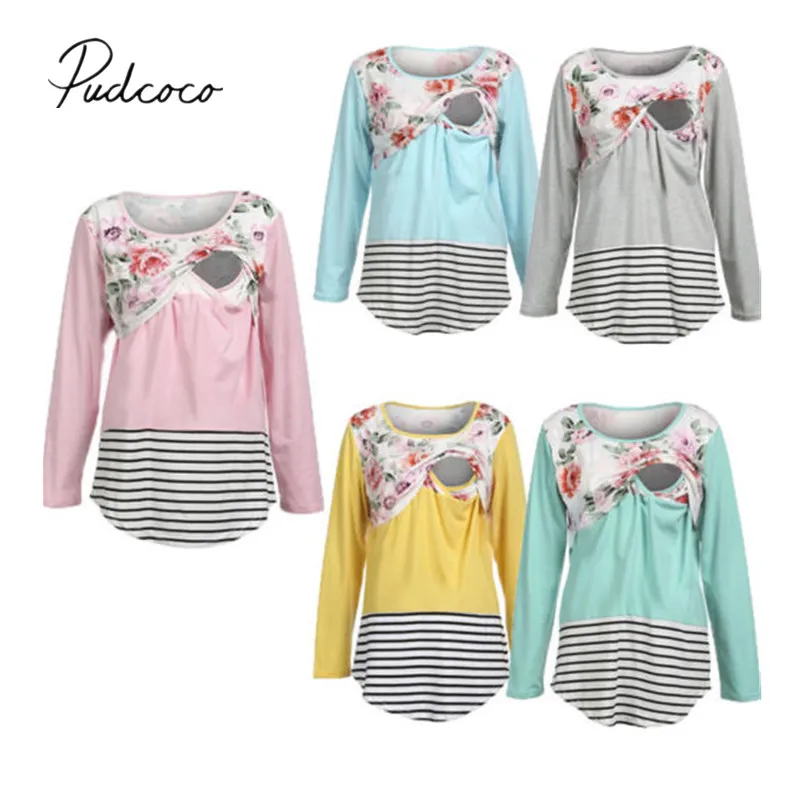 

2018 Brand New Women Pregnant Maternity Nursing Clothes Breastfeeding Flower Striped Patchwork T-Shirt Blouse Fashion Tops Shirt