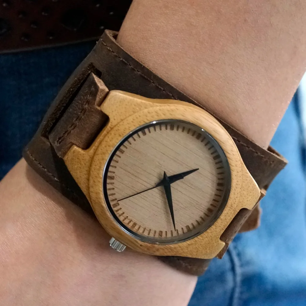 BOBO BIRD Men Watch Natural Bamboo Japanese Quartz Wooden Dial Wide Genuine Leather Band Wrist Watch Brown With Gift Box