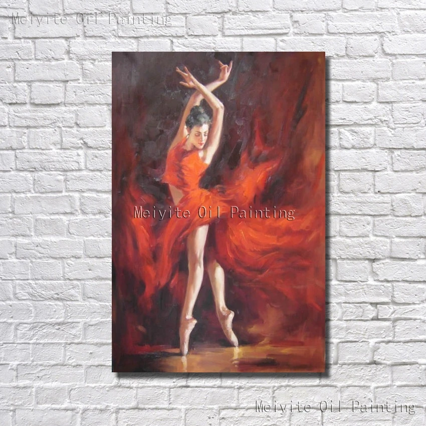 Pretty Dance Girl Oil Painting Hand Painted Wall Pictures for Room Decor Cheap Modern Canvas Art Red Dress Girl no Framed