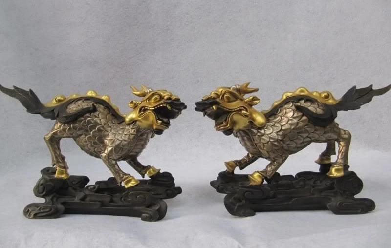 

100% Pure Copper Silver 24K Gold Gild wealth Foo Dog Two kylin Kilin beast Pair