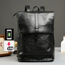Внешний USB зарядка кожаный рюкзак для мужчин ноутбук 14 дюймов Рюкзаки Для Школьная Сумка подростковая дорожная Повседневная Рюкзак Mochila мужской