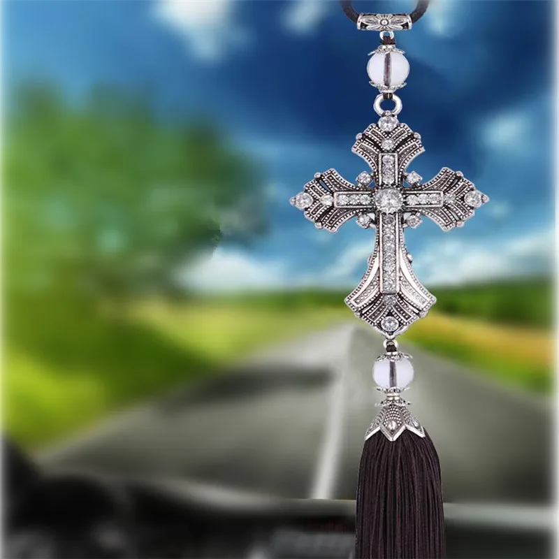 

MR TEA Car Styling Crystal Diamond Cross Jesus Christian Car Pendant Hanging Accessories Car Rear View Mirror Auto Decoration