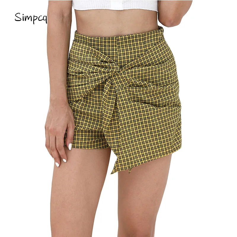 Hot Sale Yo-Ga Yellow Black Plaid Shorts Women's Casual Cotton Linen Loose Split Irregular Shorts Women's Short Elastic Waist 