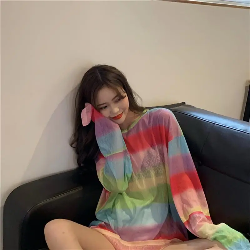 

Sweet Rainbow Mesh Gauze Striped T-shirt Women's Tshirts Japan Kawaii Ulzzang Female Sweet Lovely Harajuku Tshirt For Women
