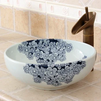 

Bathroom Cloakroom Europe Style Ceramic Art Basin Counter Top Wash Basin Bathroom Vessel Sinks ceramic hand wash sink blue white