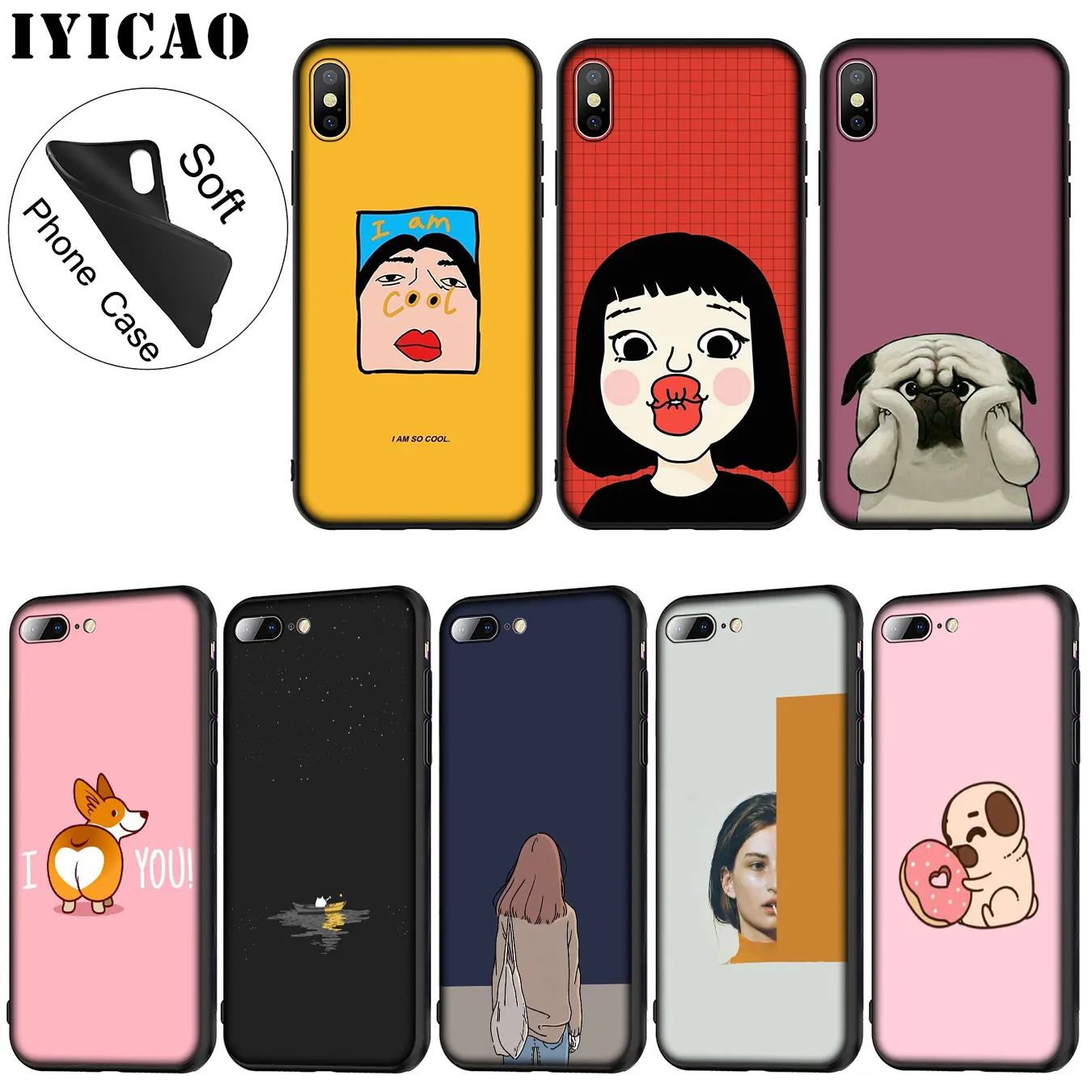 IYICAO милый мягкий силиконовый чехол для iPhone XR X XS 11 Pro Max 6 6S 7 8 Plus 5 5S SE 10 черный из ТПУ |
