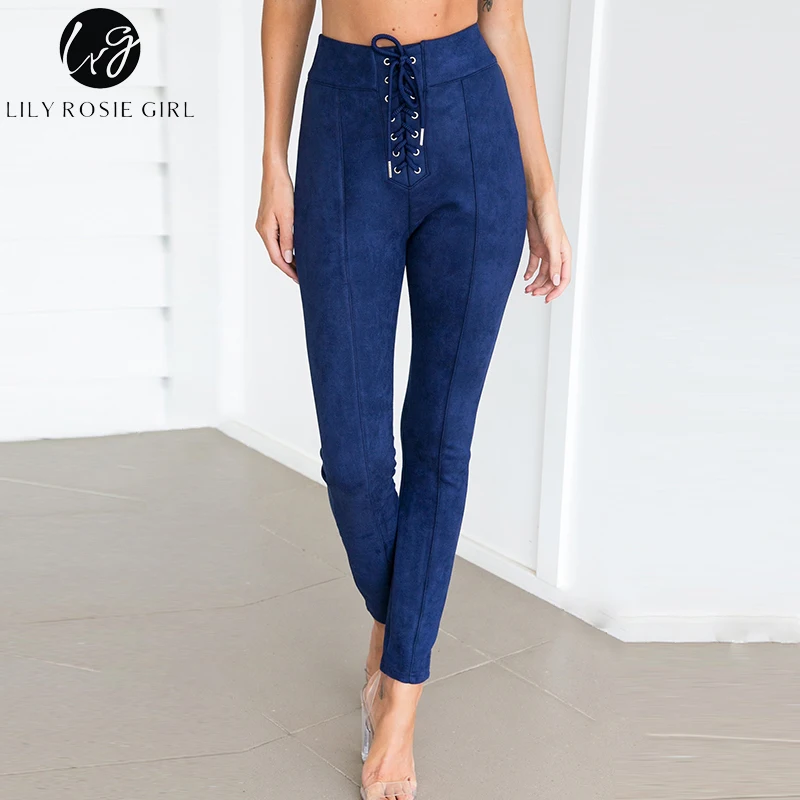 Lily Rosie fille taille haute daim cuir pantalon à lacets Bow Long crayon pantalon automne hiver femme noir pantalon Capris
