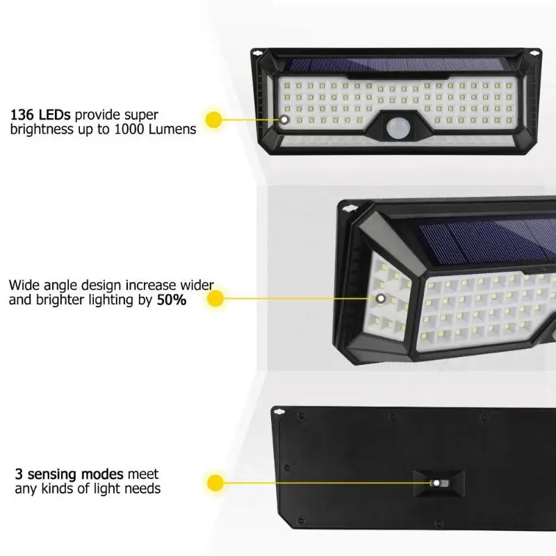 Солнечный движения PIR Сенсор 136LED Солнечный свет IP65 Водонепроницаемый открытый садовый фонарь аварийного безопасности Солнечный свет лампы