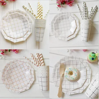 

2018 new plaid disposable tableware sets paper plates cups plastic straws for wedding baby party decor home textile party supply