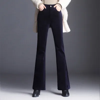 Женские плотные вельветовые расклешенные брюки с высокой талией женские осенние зимние плюс бархатные повседневные штаны для женщин в тонкую полоску расклешенные брюки - Цвет: 5