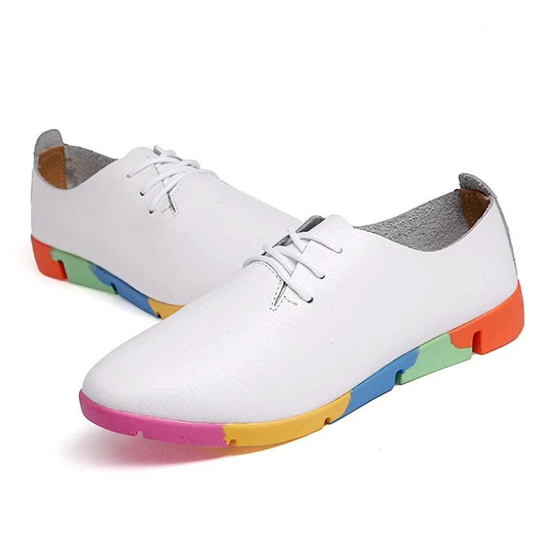 Women Shoes Casual Flats Loafer Cow Genuine Leather Soft Pigskin Lace Up Footwear 35-44