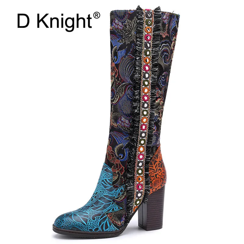 

Retro Bohemian Knee High Boots Women Shoes Genuine Leather Cowgirl Women Boots Autumn Winter Vintage Zip Block Colors High Heels
