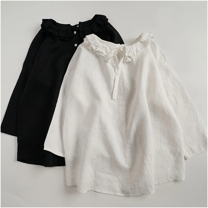 

2018 New Arrival Summer Japan Style Asymmetrical Three Quarter Sleeve Linen Blouse Women Reffled Collar Loose Garments T1805035