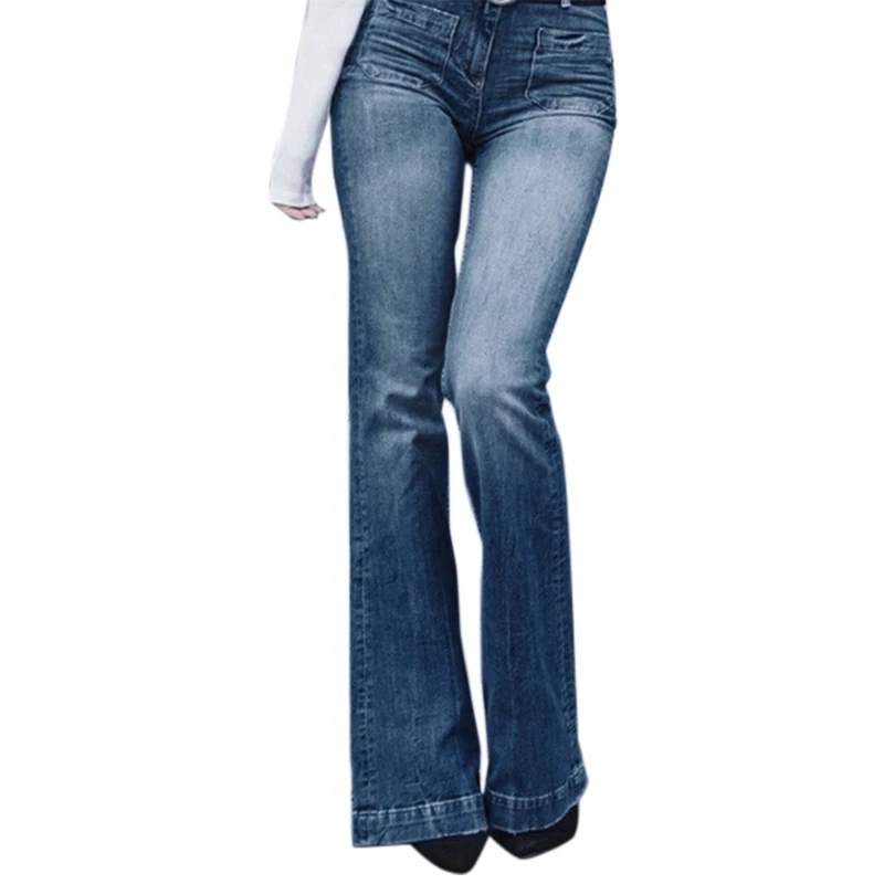 Women Fashion High-Rise Wide Leg Flared Jeans Retro Bell Bottom Jeans Denim Ladies Zipper Pocket Trousers