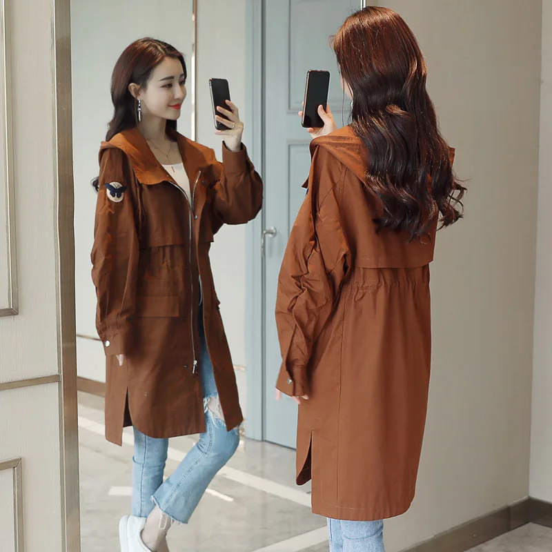 Solide Voyage Manteau vent Khaki Coupe 2018 Imperméable Broderie À Droite Wome Long caramel Streetwear Automne Capuche Veste ExIBTwqA0