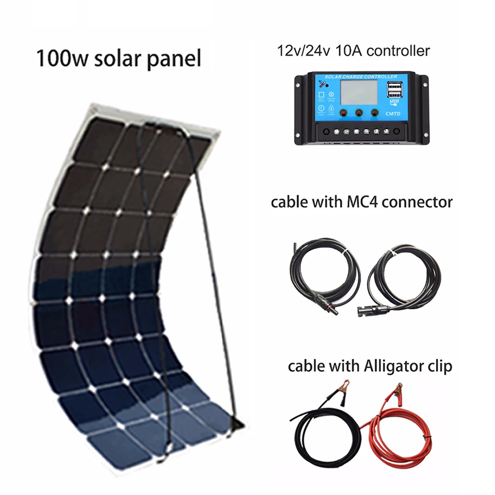 

XINPUGUANG 100W DIY Solar System Kit 100W PV flexible solar panel 12v battery 10A controller MC4 connector RV/Boat Yard power