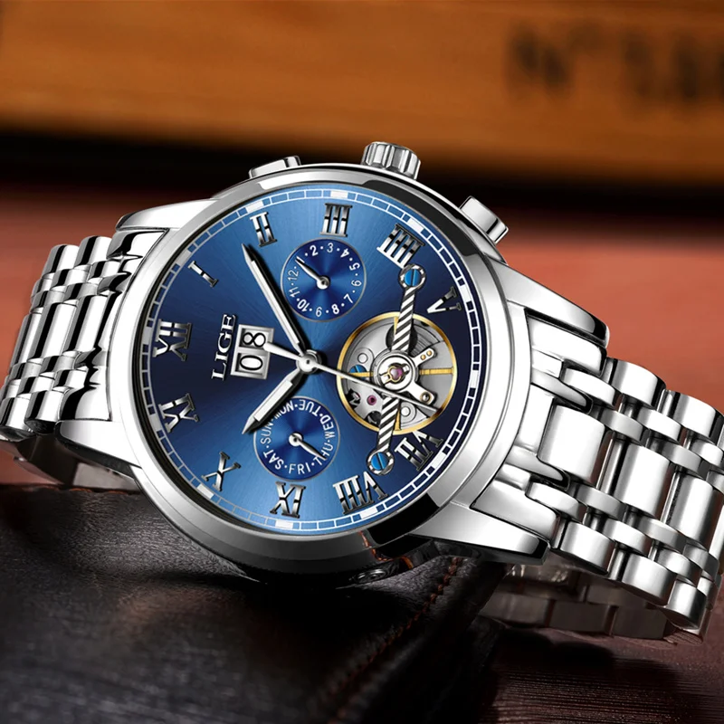 Mens Watches LIGE Top Brand Luxury Automatic Mechanical Watch Men Full Steel Business Waterproof Sport Watches Relogio Masculino
