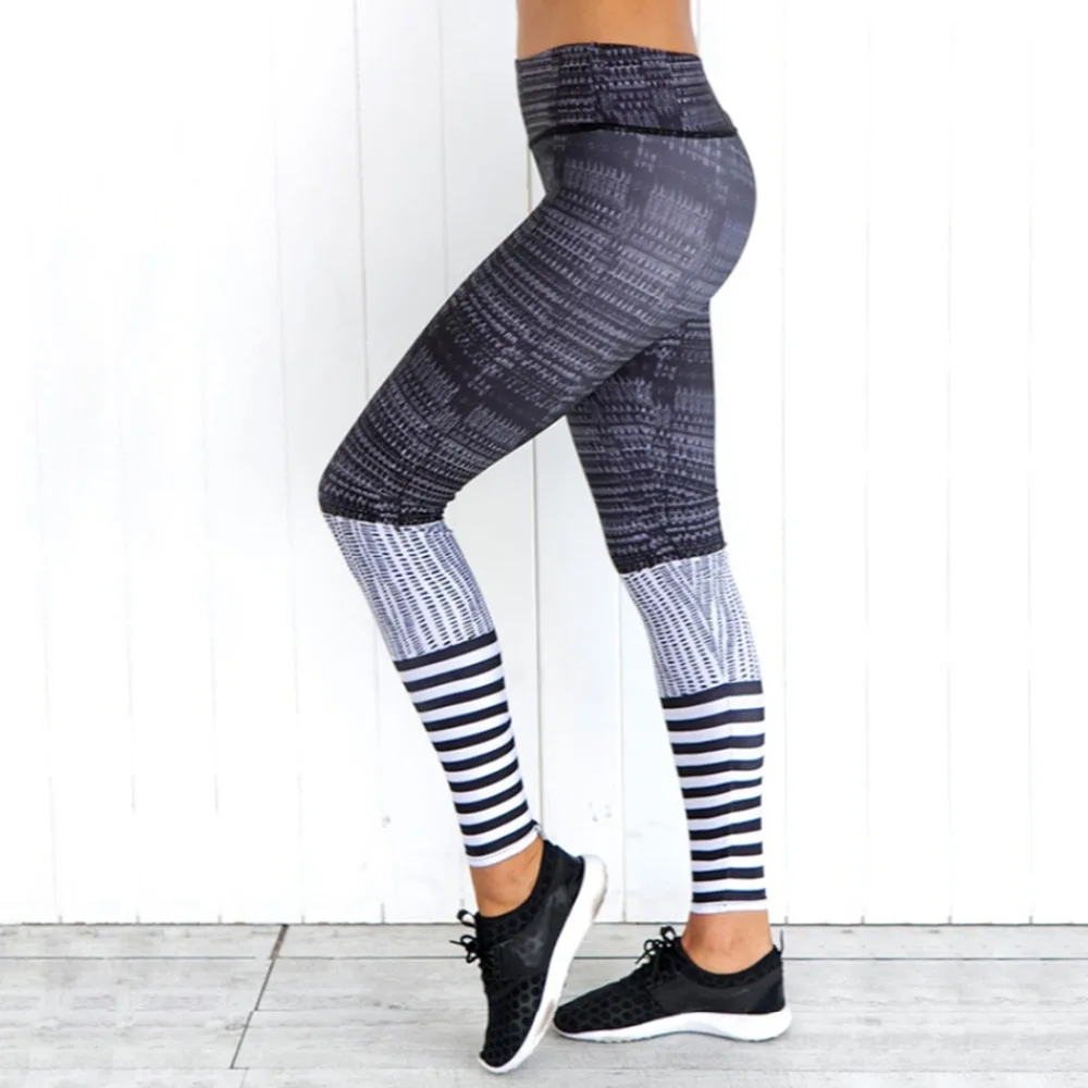 Summer hot new fashion fitness tri-color striped print nine points leggings sexy slim high waist casual hip women