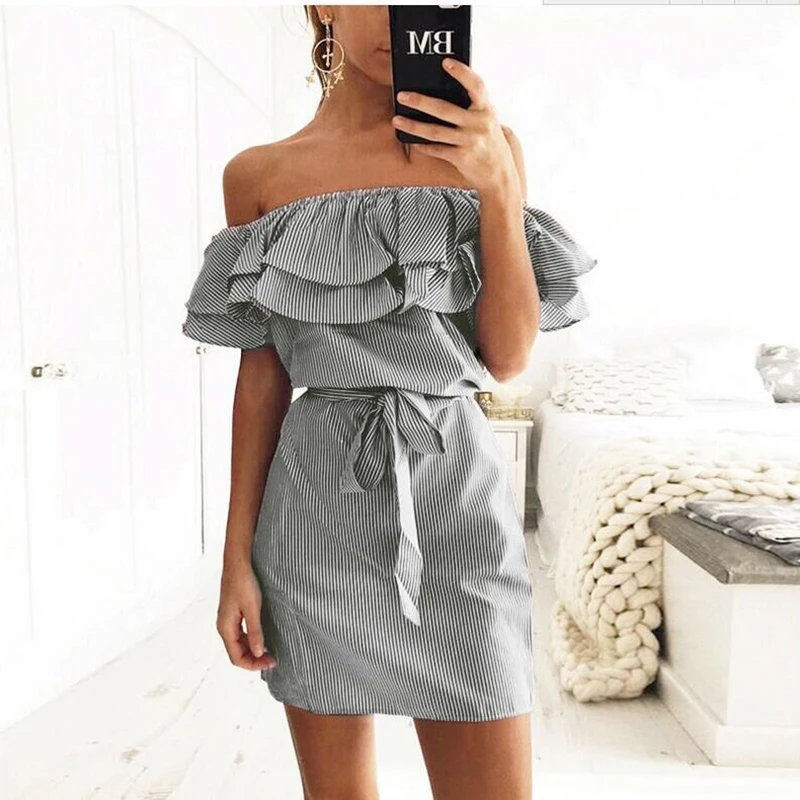 grey Off Shoulder Striped Ruffles Mini Dress 