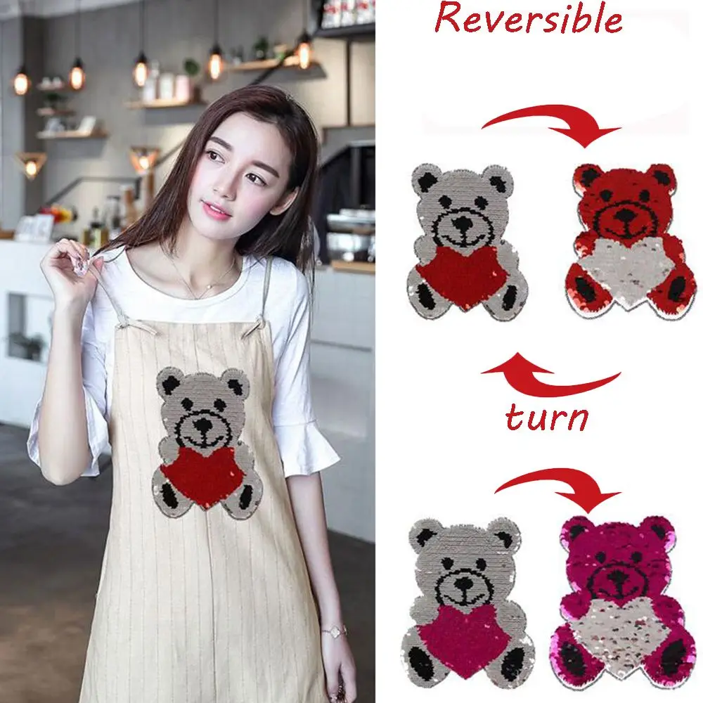 

1PC Cute Bear Reversible Change Color Sequins Sew On Patch For Clothes DIY Patch Applique Sticker Clothing Accessories