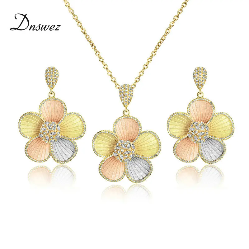 

Dnswez Flower Blossom Luxury Colorful Women Nigeria Wedding Naija Bride Cubic Zirconia Necklace Earring Jewelry Set for Women
