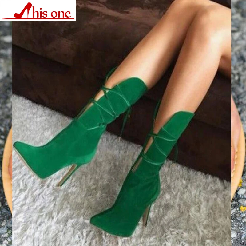

2019 Winter Mid-calf boots women Thin High Heels Boots Plus Size47 Flock Material Winter Zapatos Mujer Green Shoes Fashion Trend